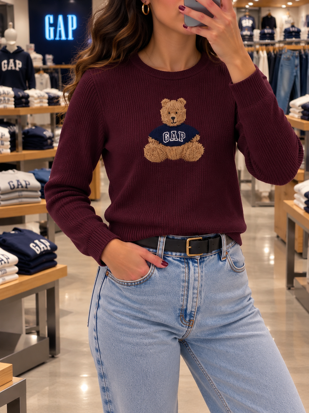 Sweater Gap Algodon Oso burdeo Gap
