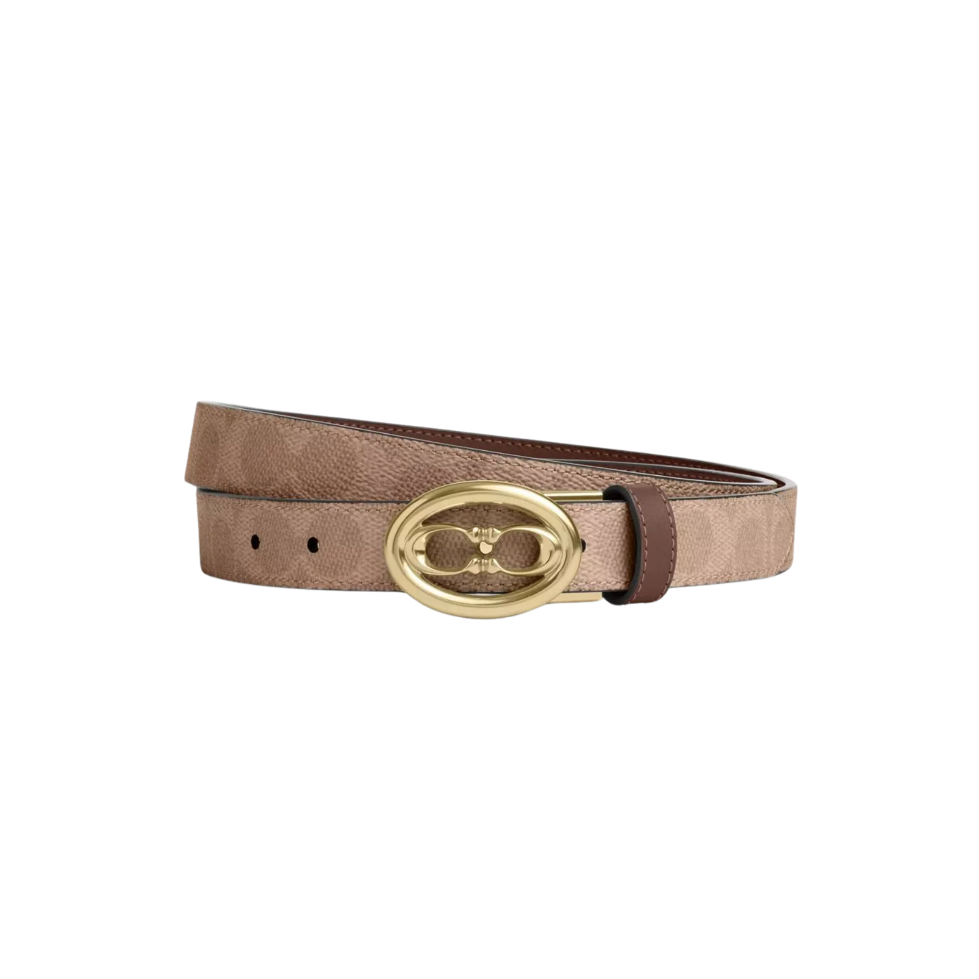 Cinturon coach reversible cafe con monograma beige hebilla dorada