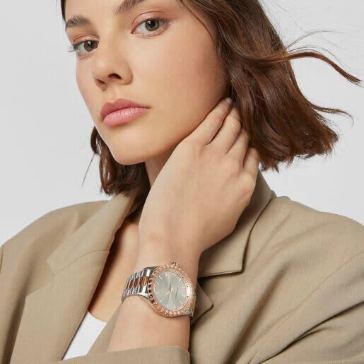 Reloj Mujer Tous analógico Tender Bear con relieve de osos plateado con rosado
