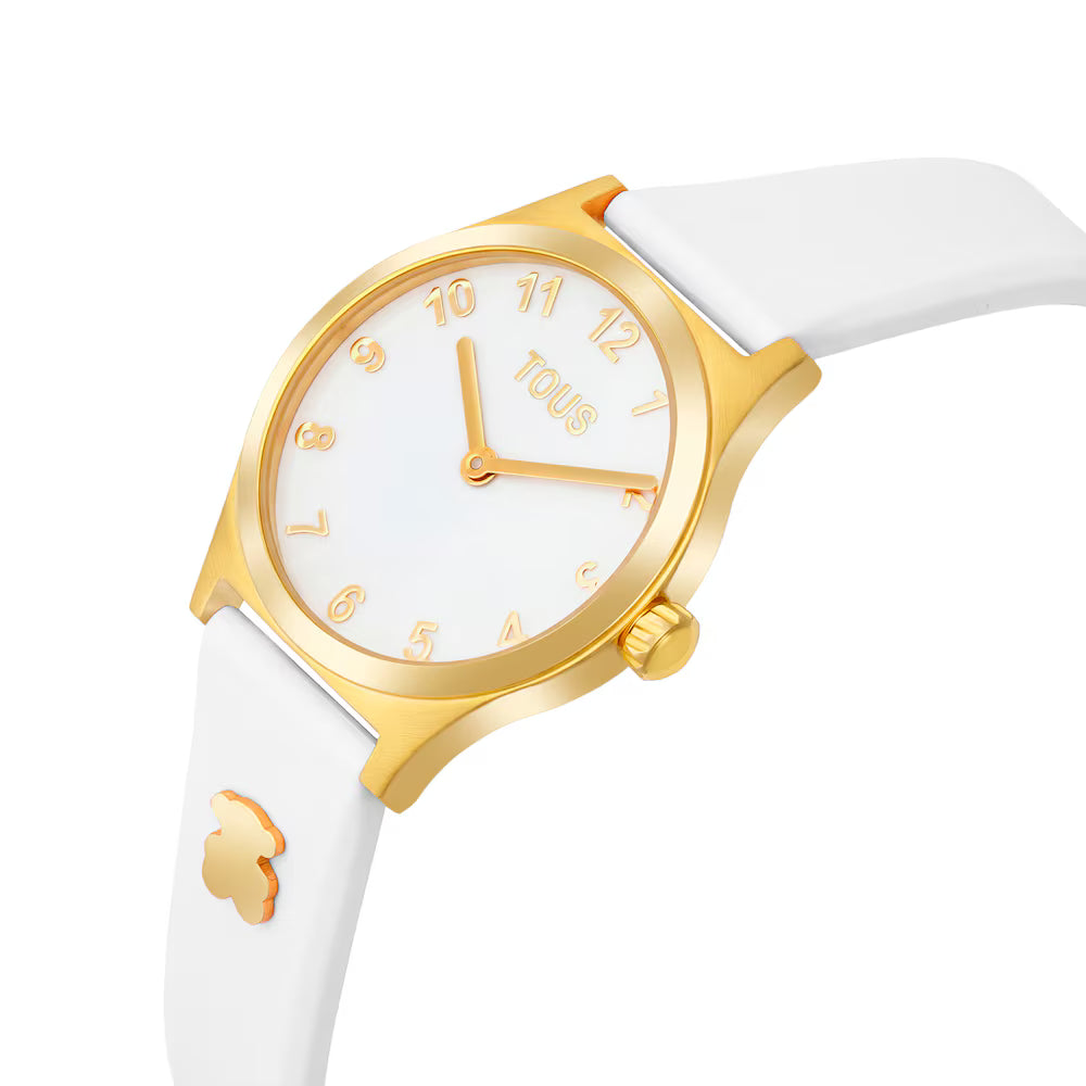 Reloj Tous correa de cuero blanco detalles dorados fondo blanco