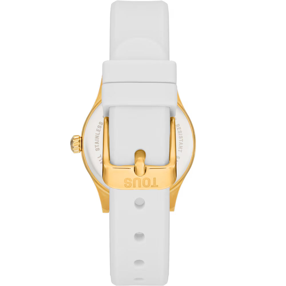 Reloj Tous correa de cuero blanco detalles dorados fondo blanco