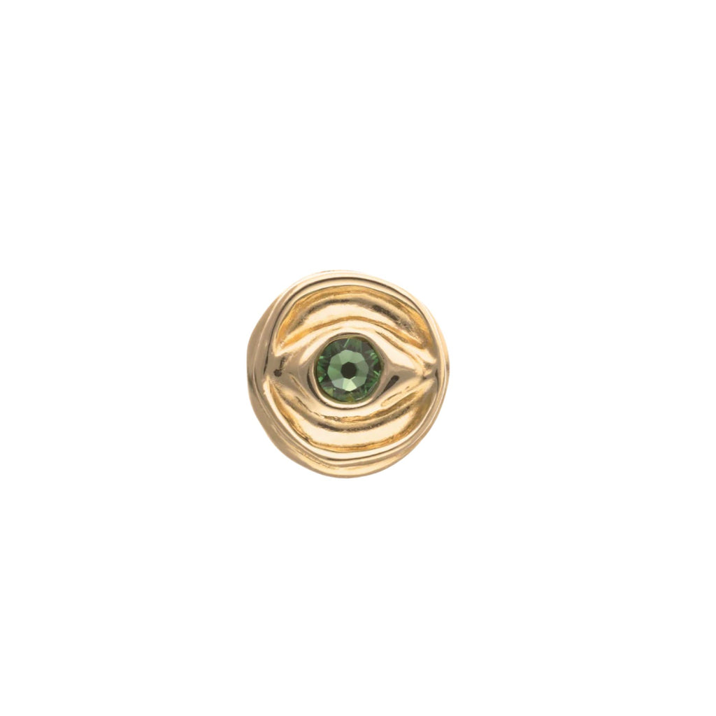 Anillo Uno de 50 Doble baño oro 18k forma de ojo con cristal verde