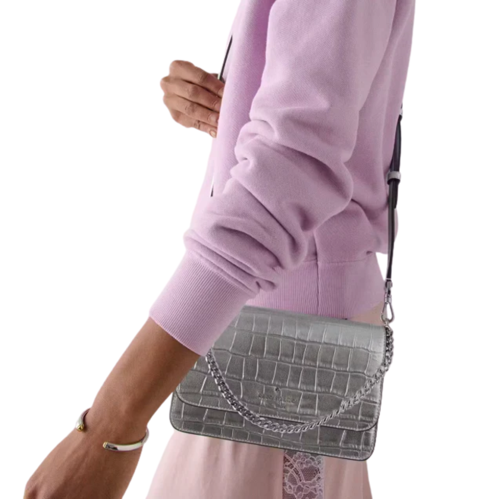 Cartera Kate Spade Madison pequeña cocodrilo plateado