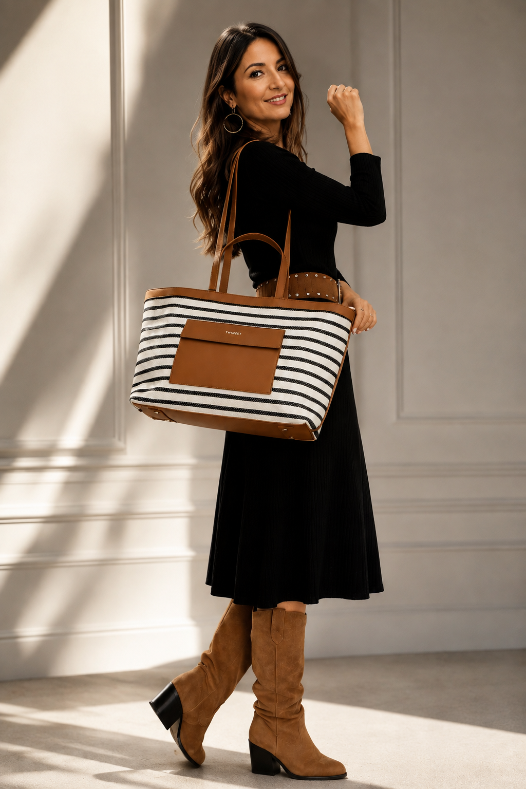 Cartera Lola Casademunt Shopper combinado tejido de rayas y efecto piel marron Lola Casademunt