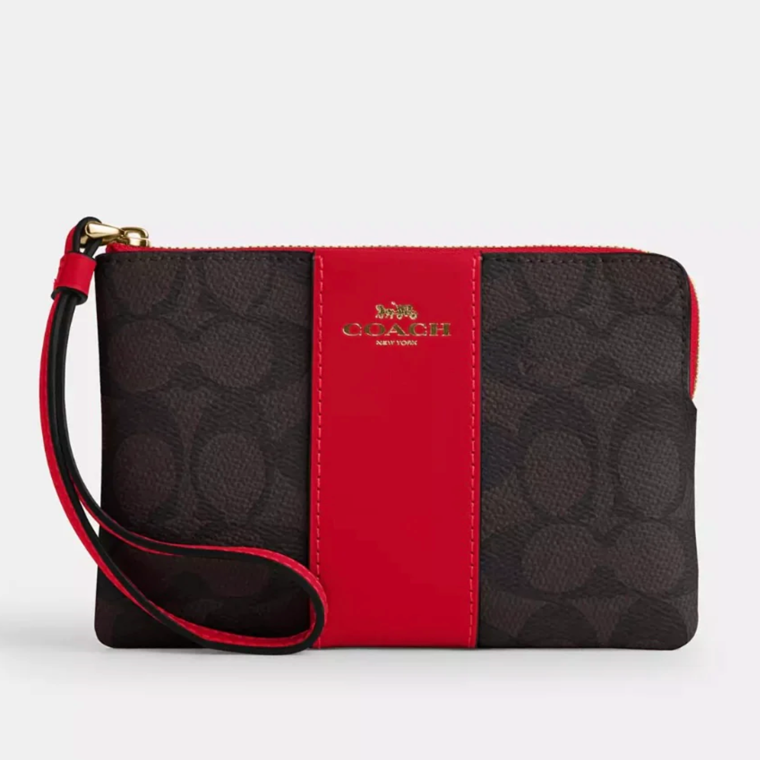Monedero Coach monograma cafe con cierre rojo
