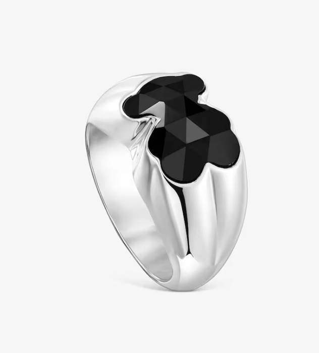 Anillo Tous mediano de plata y motivo oso en ónix