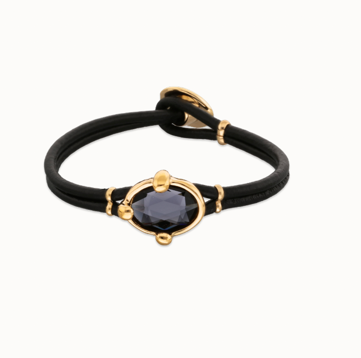 Pulsera Uno de 50 Ser Deslumbrante doble baño oro 18k de cuero cafe cristal negro