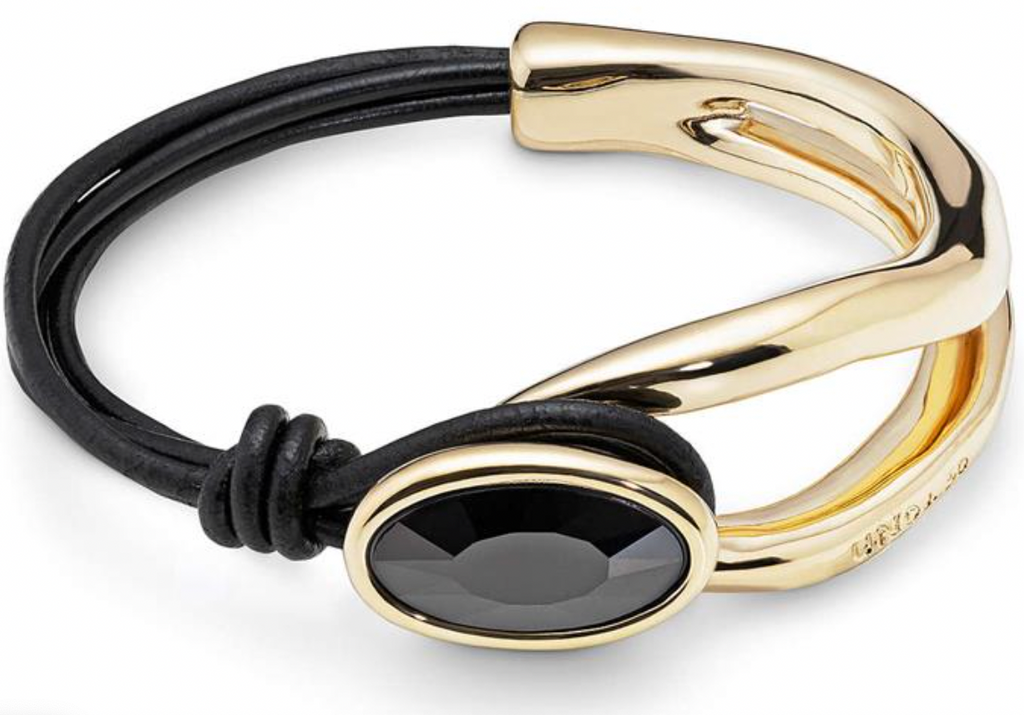 Pulsera Uno de 50 Madame doble baño de oro de 18k mitad cuero con piedra tipo onix negro