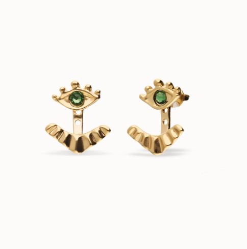 Aros Uno de 50 bañados en doble baño de oro 18k en forma de ojo con pestañas y cristal verde