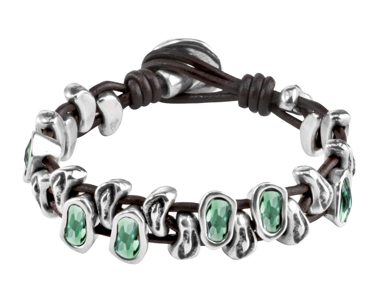 Pulsera Uno de 50 de cuero con detalles en plata y piedra verde