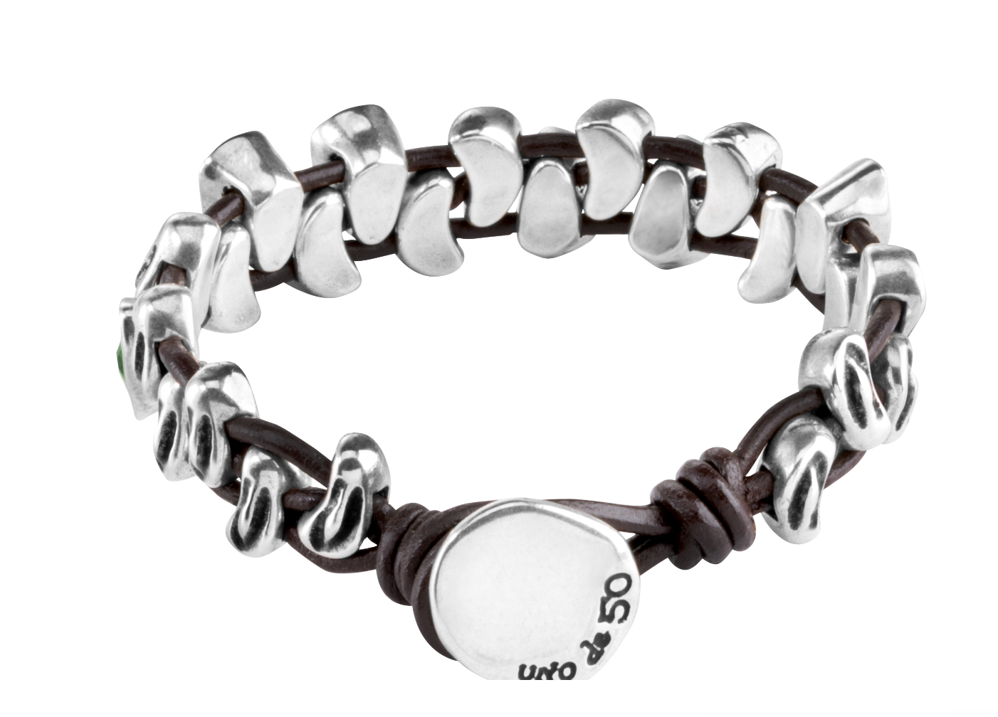Pulsera Uno de 50 de cuero con detalles en plata y piedra verde