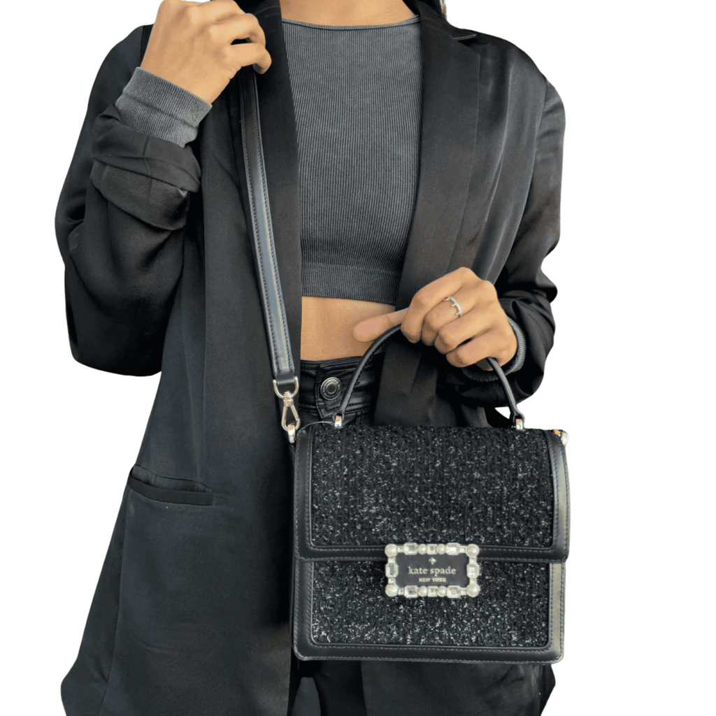 Cartera Kate Spade Crossbody Cuero negro, tela y brillos