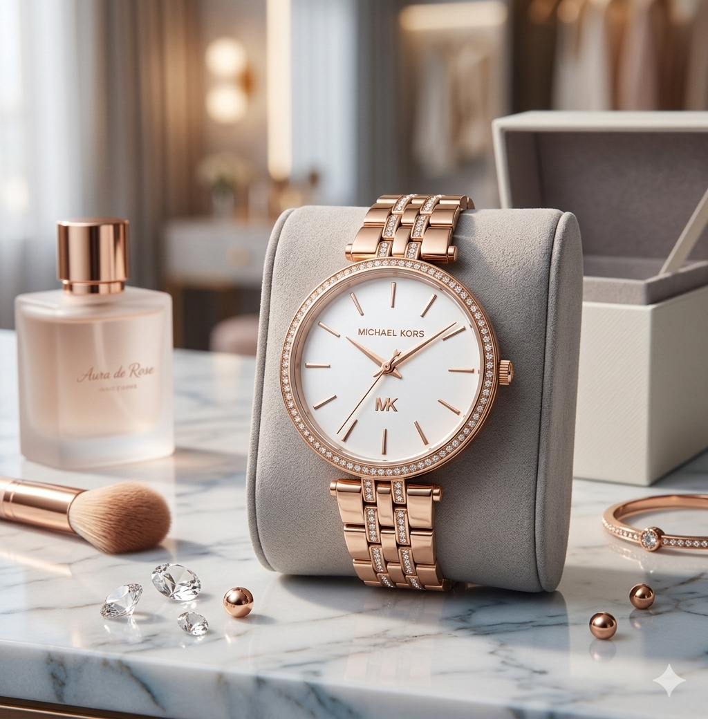 Reloj mujer Michael Kors correa metalica rose gold lineas circones fondo blanco
