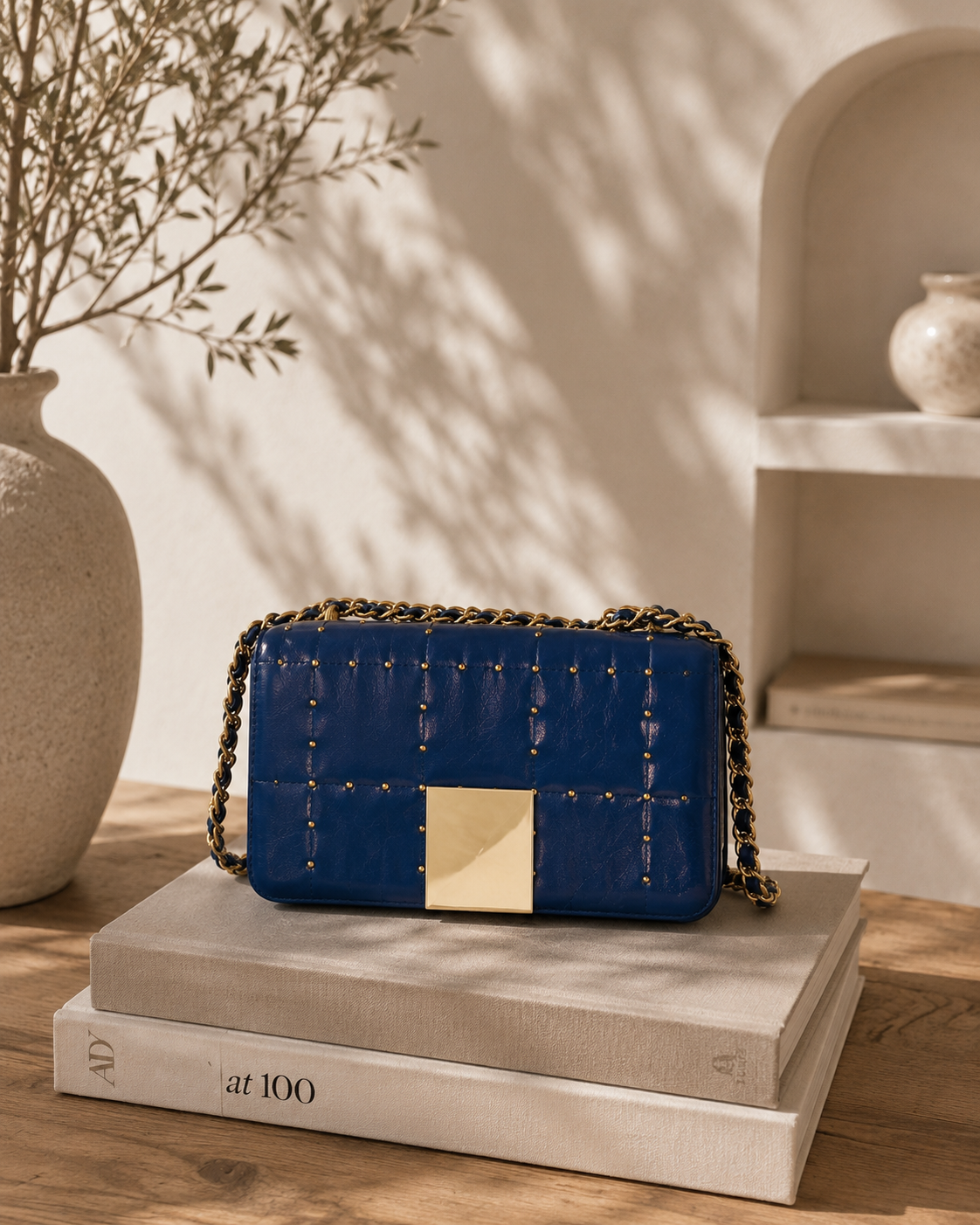 Cartera Purificación Garcia Tachas Cuero Azul Rey