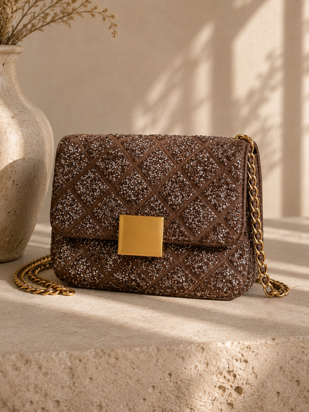 Cartera Purificacion Garcia crossbody de fiesta brillante Beige