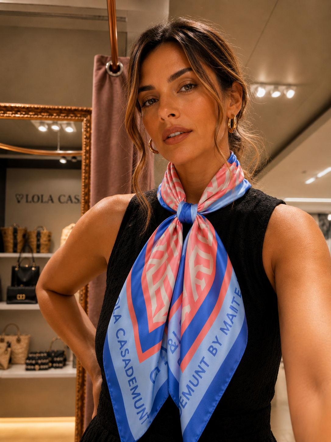 Pañuelo Lola Casademunt Satinado con Estampado Monograma Rojo Multicolor BEFASHION