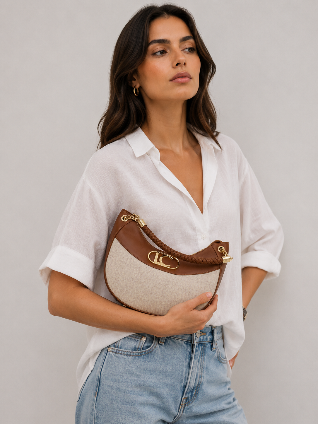 Cartera Lola Casademunt efecto piel y canvas bicolor crudo-marrón Lola Casademunt