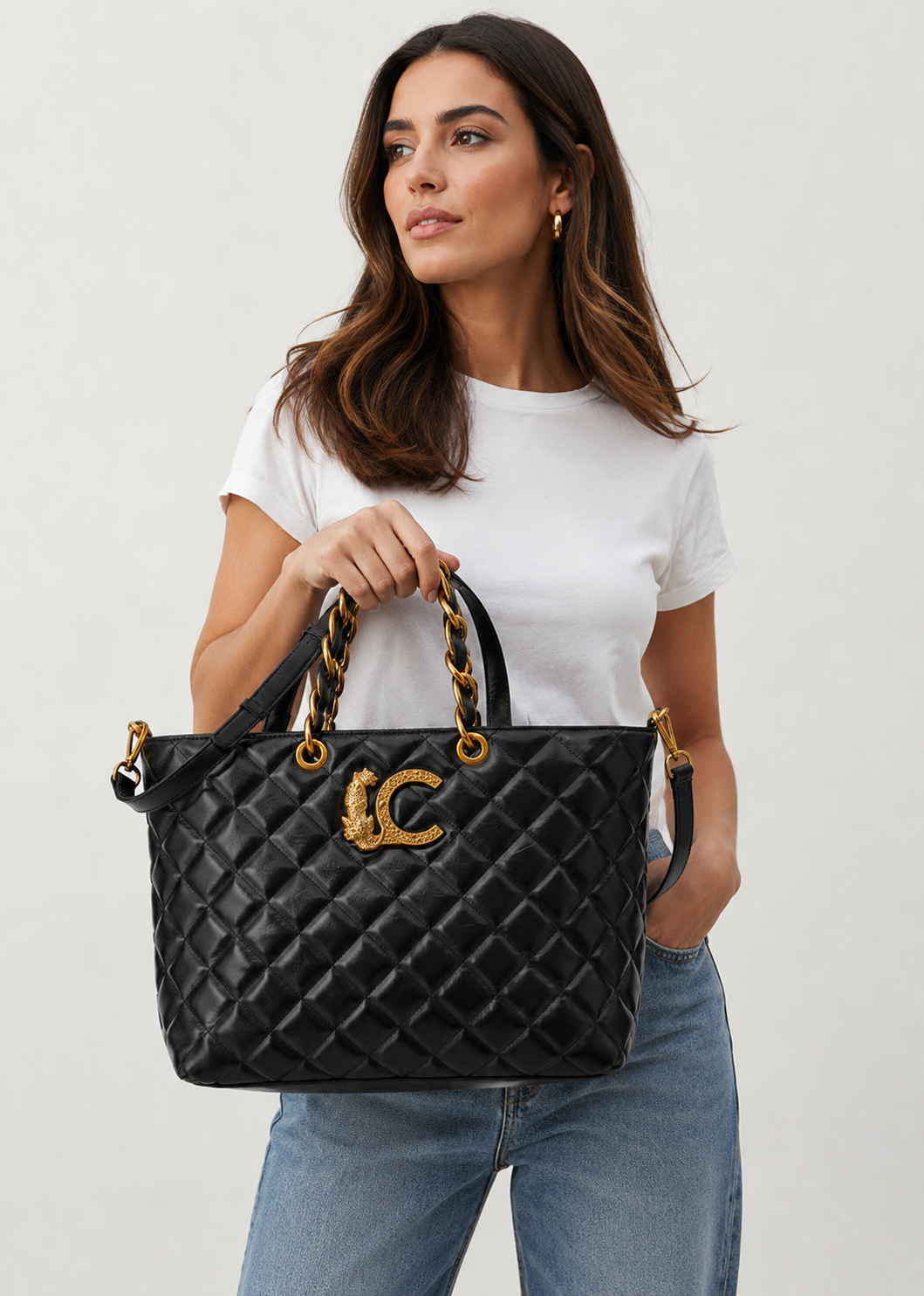 Bolso Lola Casademunt Shopper acolchado Efecto Piel Asa Cadena Negro Lola Casademunt