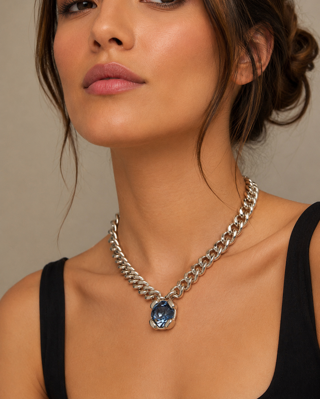 Collar Uno de 50 Titanic Cadena plateada gruesa con cristal azul grande UNOde50