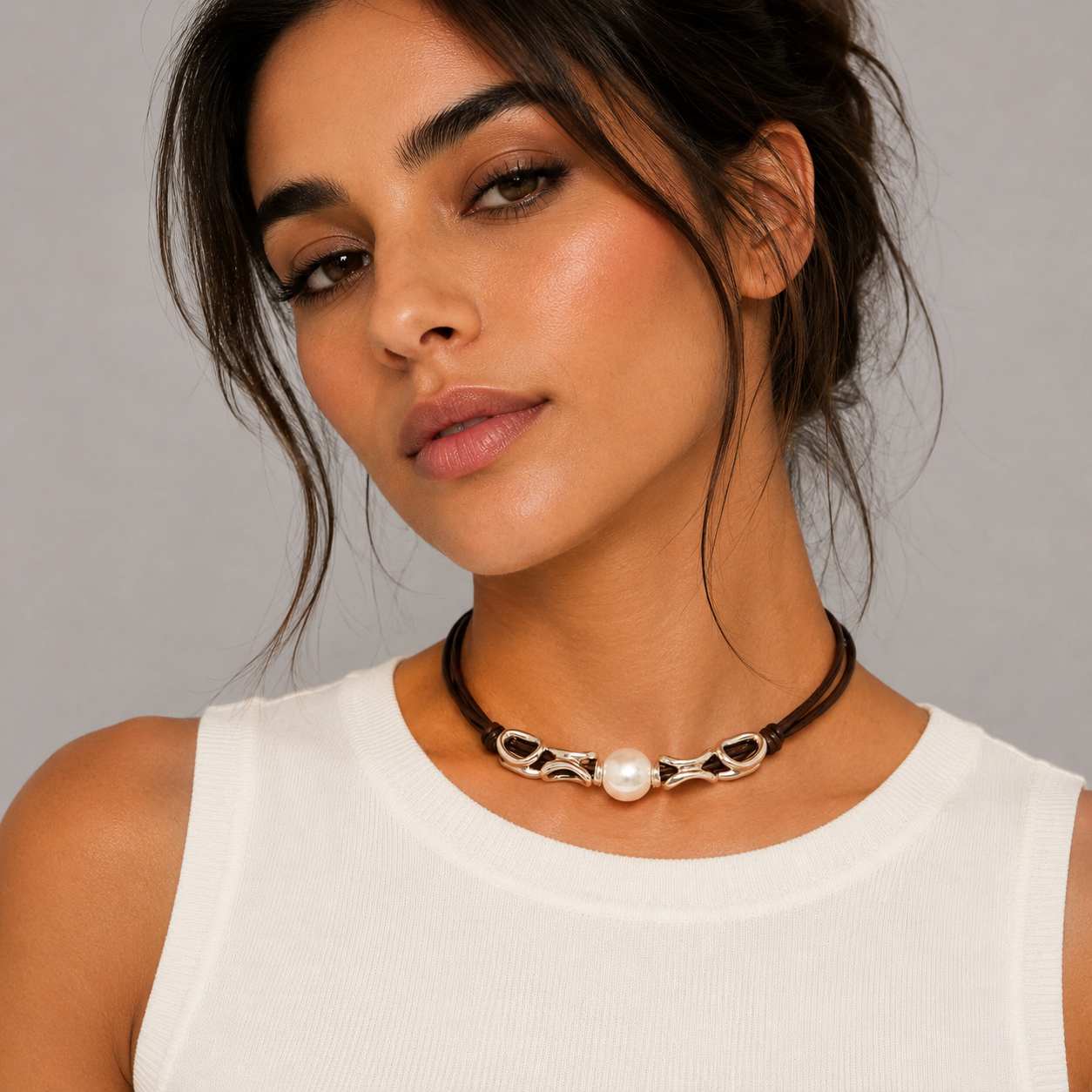 Collar Uno de 50 cuero con perla y detalles en plata UNOde50
