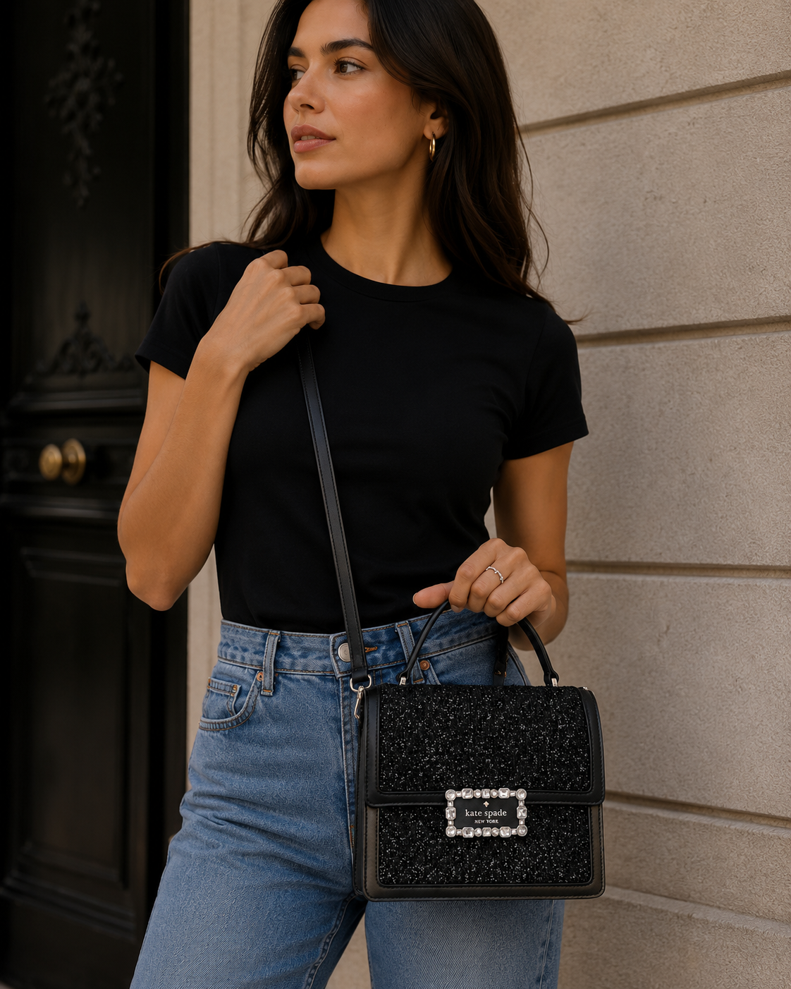 Cartera Kate Spade Crossbody Cuero negro, tela y brillos Kate Spade