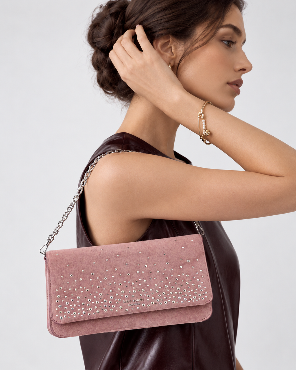 Cartera Kate Spade Cuero Suede Rosa Detalles plateados Kate Spade