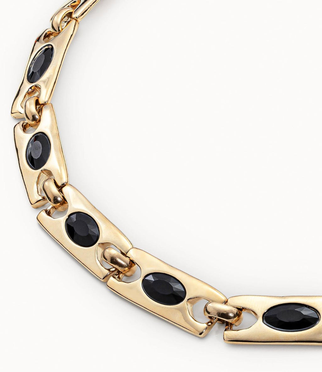 Collar Uno de 50 The Crown Doble baño de oro 18k con eslabones rectangulares y un cristal central negro