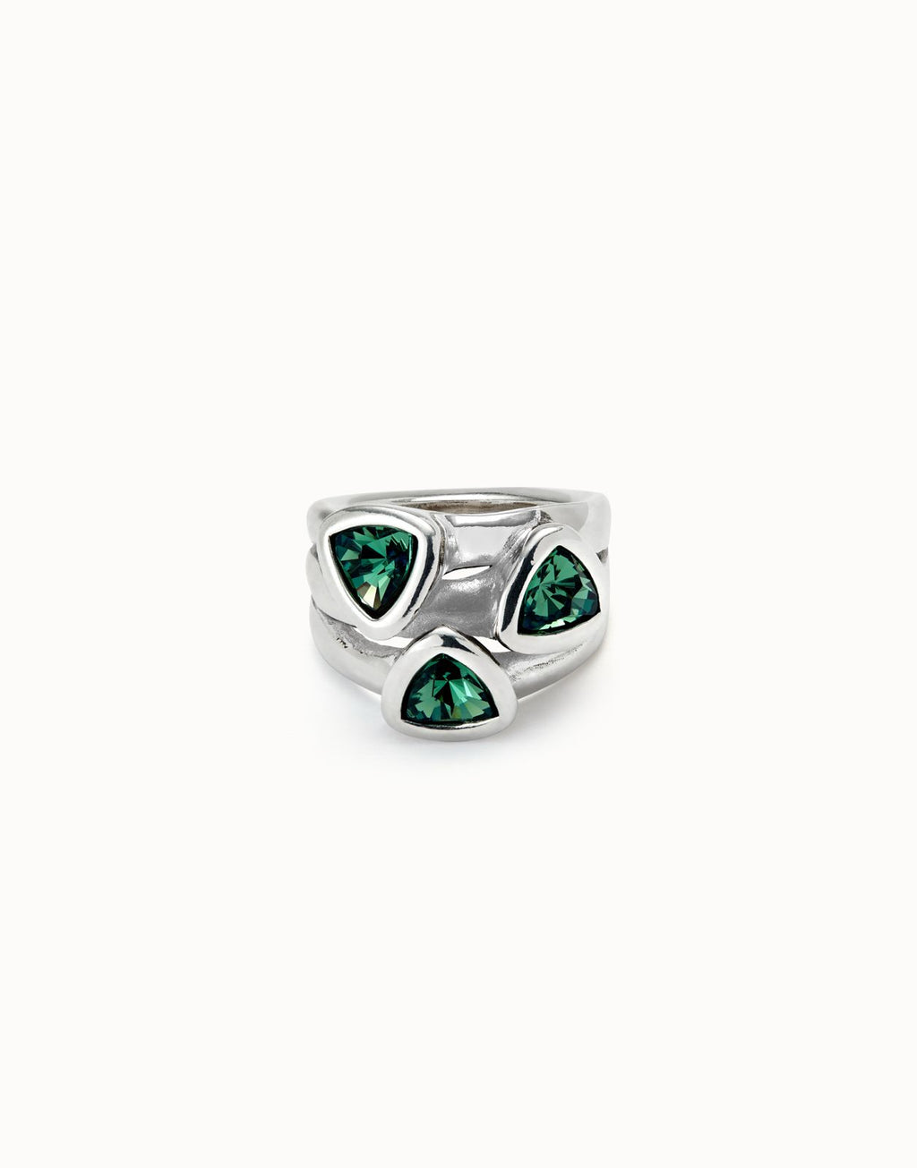 Anillo Uno de 50 Camaleon triangular bañado en plata de ley cristales verdes UNOde50