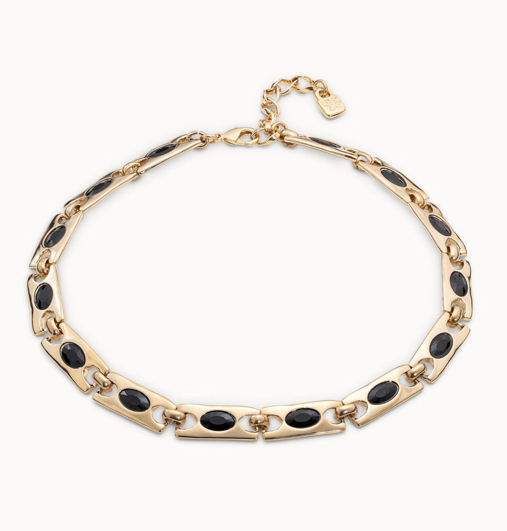 Collar Uno de 50 The Crown Doble baño de oro 18k con eslabones rectangulares y un cristal central negro