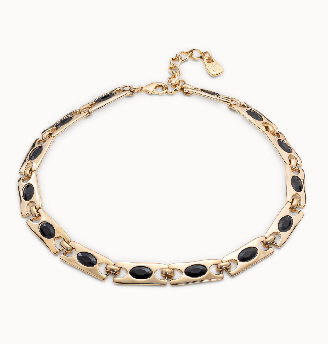 Collar Uno de 50 The Crown Doble baño de oro 18k con eslabones rectangulares y un cristal central negro