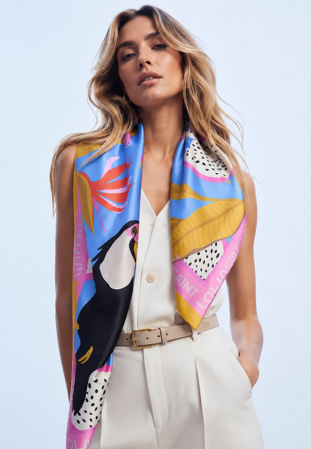 Pañuelo Lola Casademunt satinado con estampado tucán tropical azul multicolor
