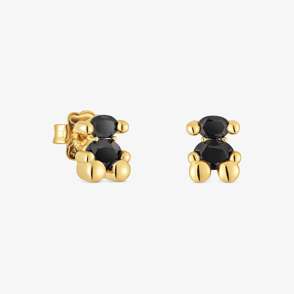 Aros motivo oso con baño de oro 18 kt sobre plata y ónix 8mm