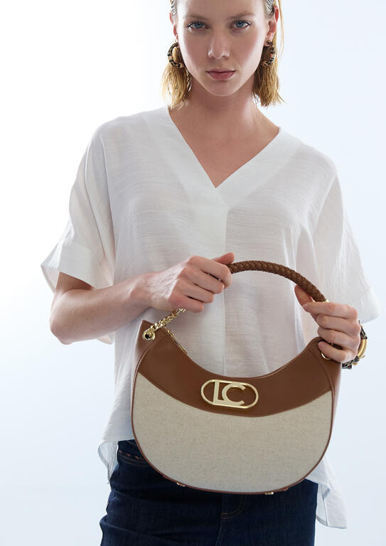 Cartera Lola Casademunt efecto piel y canvas bicolor crudo-marrón