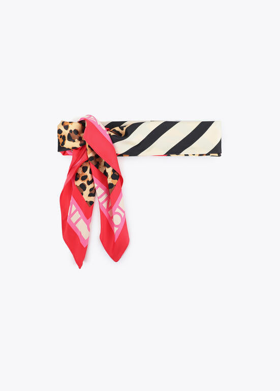 Pañuelo satinado con estampado combinado de rallas y leopardos