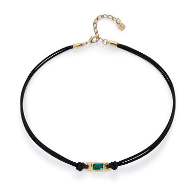 Collar Uno de 50 de cuero con detalles bañados en oro 18k y piedra verde UNOde50